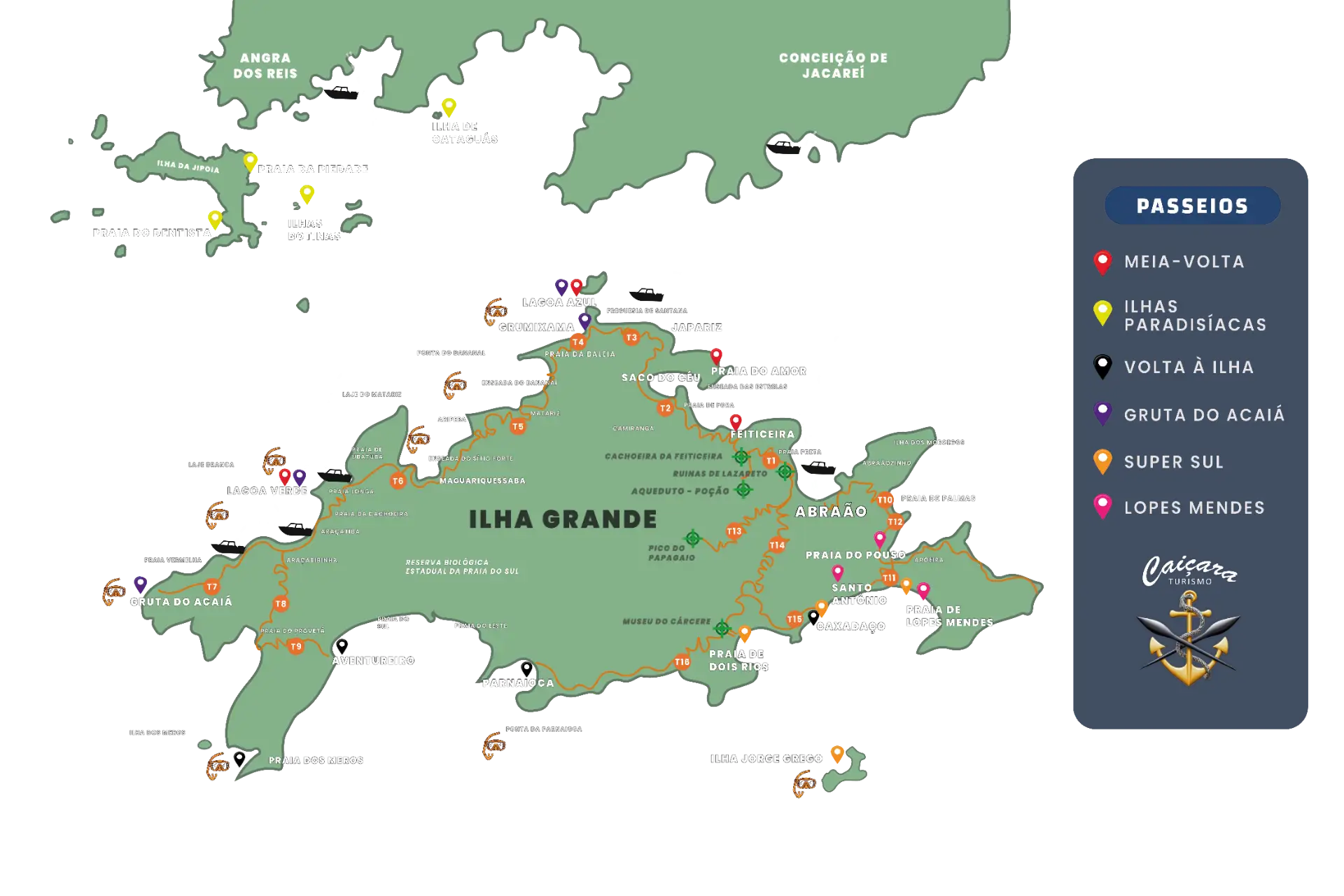 Mapa dos roteiros da Caiçara Turismo em Ilha Grande
