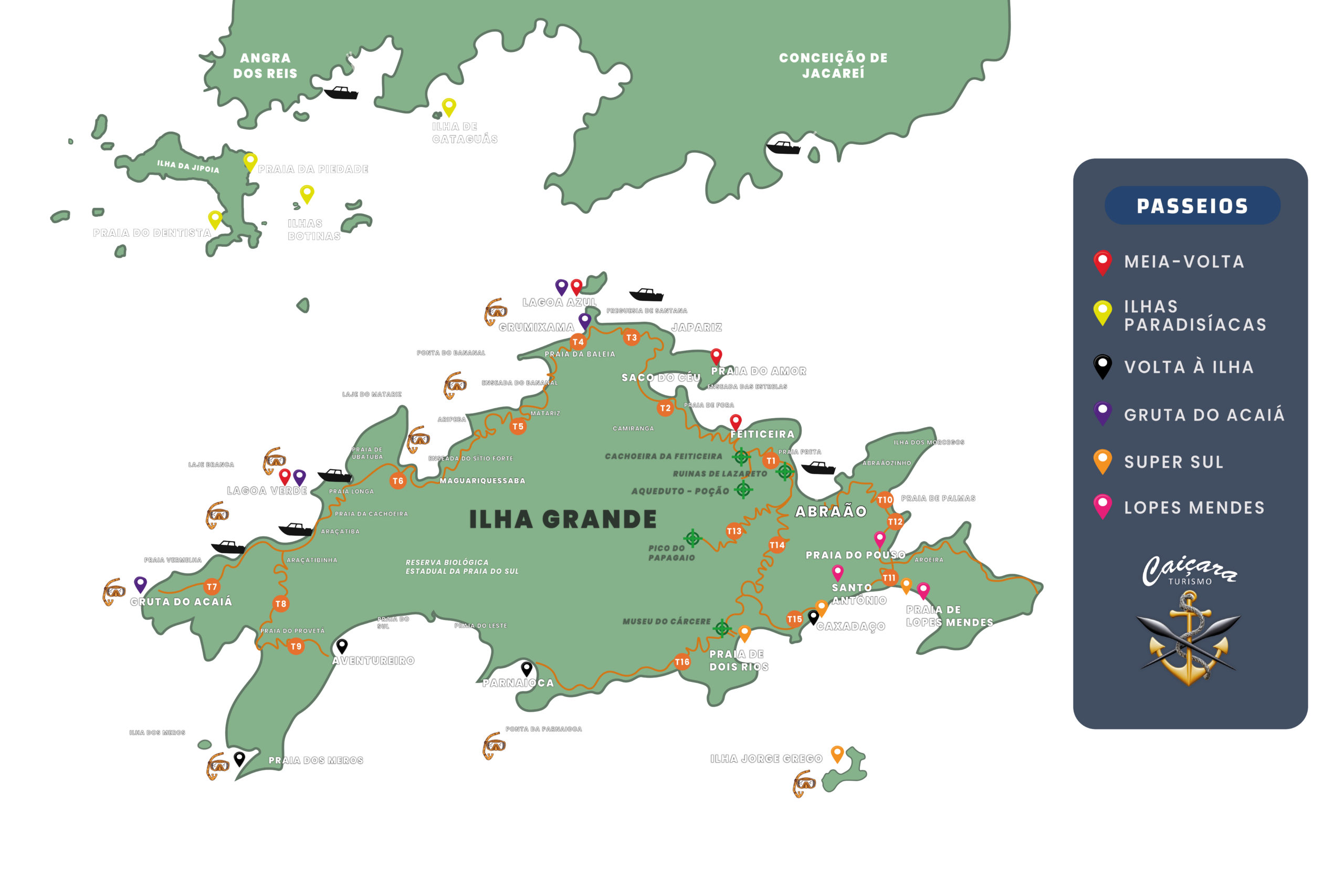 Mapa interativo de passeios Caiçara Turismo Ilha Grande